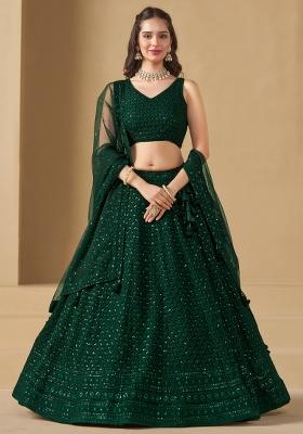 Green Embroidered Georgette Lehenga Set With Dupatta