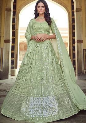 Green Embroidered Poly Blend Lehenga Set