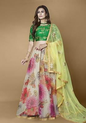 Green Embroidered Poly Blend Lehenga Set