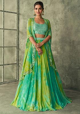 Green Embroidered Art Silk Blend Lehenga Set — House of Indya