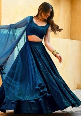 Blue Embroidered Georgette Lehenga Set With Dupatta — House of Indya