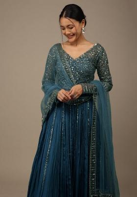 Blue Embroidered Georgette Lehenga Set With Dupatta — House of Indya