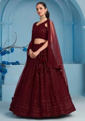 Maroon Embroidered Georgette Lehenga Set With Dupatta — House of Indya