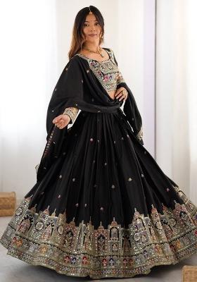 Black Embroidered Silk Blend Lehenga Set With Dupatta — House of Indya