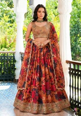 Red Embroidered Georgette Lehenga Set With Dupatta — House of Indya