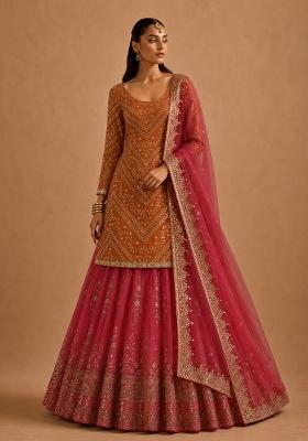 Orange Embroidery Georgette Lehenga Set With Dupatta — House of Indya
