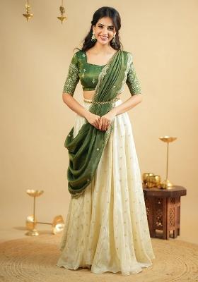 Green Embroidered Silk Blend Lehenga Set — House of Indya
