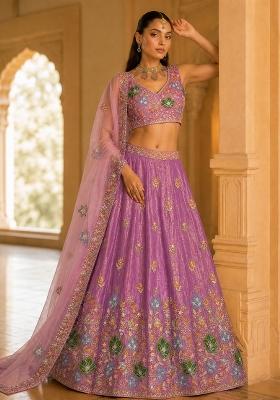 Lilac Sequence Embroidery Work Fendy Silk Blend Lehenga Set — House of Indya
