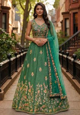 Sea Green Sequence Embroidery Work Fendy Silk Blend Lehenga Set — House of Indya