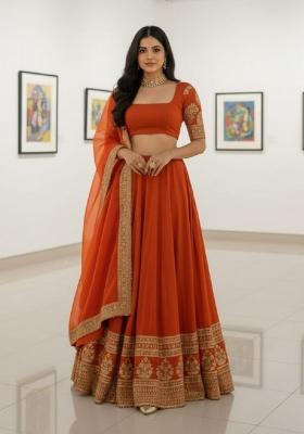 Fenta Orange Sequence Embroidery Work Faux Georgette Lehenga Set — House of Indya