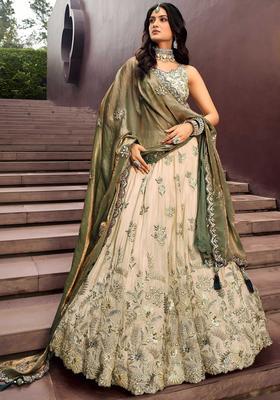 Beige Embroidery Silk Blend Lehenga Set — House of Indya