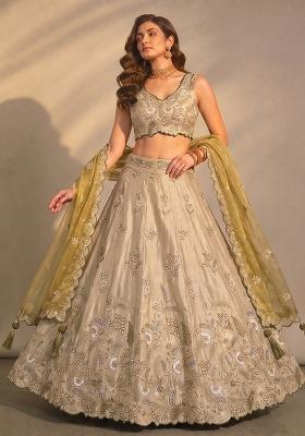 Beige Embroidery Silk Blend Lehenga Set — House of Indya