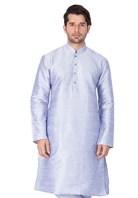 Powder Blue Solid Art Silk Kurta Pyjama Set For Men