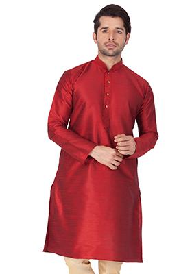 Red Solid Art Silk Kurta Pyjama Set For Men