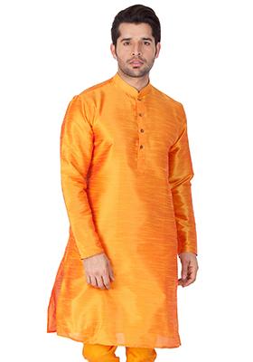 Orange Solid Art Silk Kurta Pyjama Set For Men