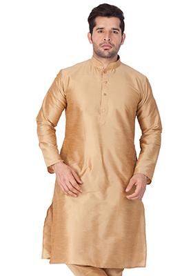 Beige Solid Art Silk Kurta Pyjama Set For Men