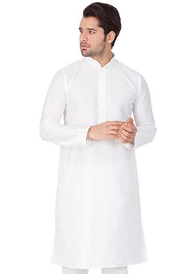 White Solid Art Silk Kurta Pyjama Set For Men