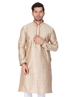 Cream Solid Cotton Silk Kurta Pyjama Set For Men