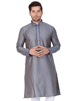 Grey Solid Cotton Silk Kurta Pyjama Set For Men