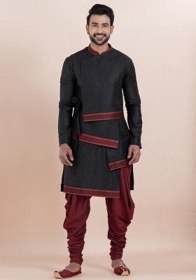 Black Solid Silk Kurta Set For Men