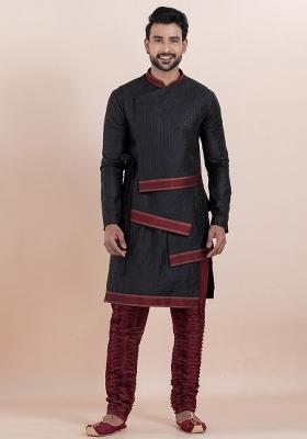 Black Solid Silk Kurta Set For Men
