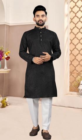 Black Embroidered Cotton Kurta Set For Men