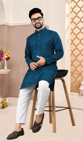 Blue Embroidered Cotton Kurta Set For Men