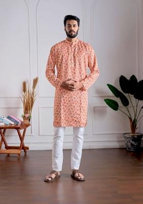 Peach Printed Cotton Kurta Set For Men