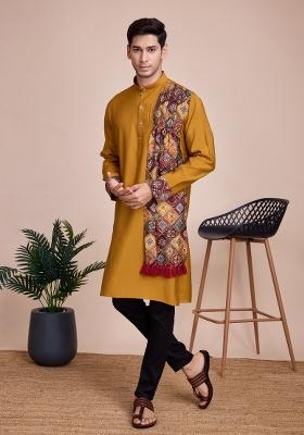 Yellow Printed Silk Kurta Set For Men