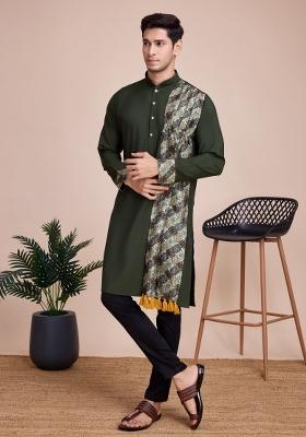 Green Printed Silk Kurta Set For Men