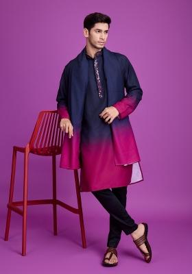 Pink Printed Rayon Kurta Set For Men