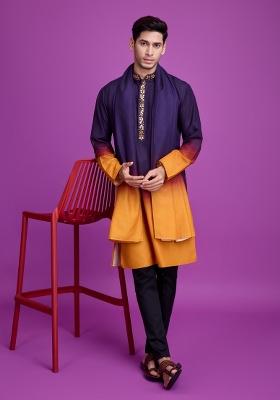 Yellow Printed Rayon Kurta Set For Men
