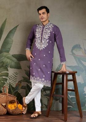 Lavender Embroidered Viscose Silk Kurta Set For Men