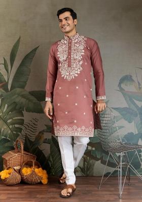 Peach Embroidered Viscose Silk Kurta Set For Men