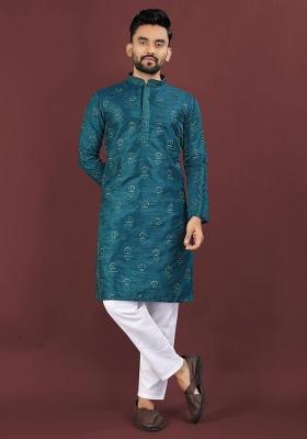 Blue Embroidered Banglori Silk Kurta Set For Men
