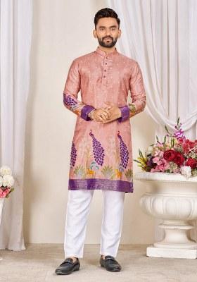 Peach Embroidered Dola Silk Kurta Pajama Set For Men