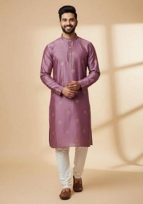 Pink Embroidered Silk Kurta Pajama Set For Men