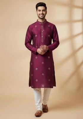 Magenta Embroidered Silk Kurta Pajama Set For Men