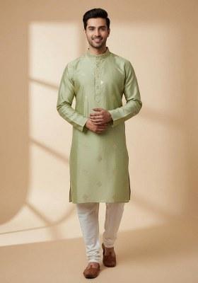 Mint Green Embroidered Silk Kurta Pajama Set For Men