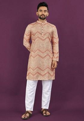 Peach Embroidered Rayon Kurta Pajama Set For Men