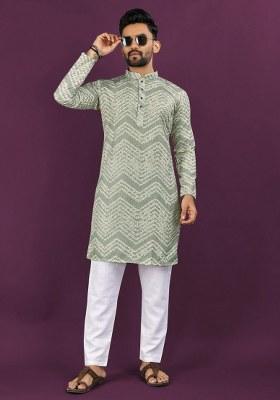 Olive Embroidered Rayon Kurta Pajama Set For Men