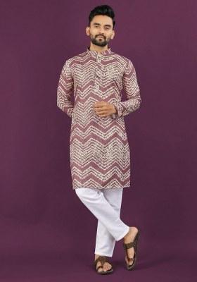 Dusty Purple Embroidered Rayon Kurta Pajama Set For Men