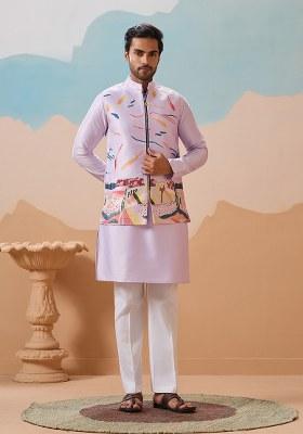 Lavender Embroidered Silk Kurta Set For Men