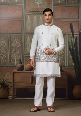 White Embroidered Silk Kurta Set For Men