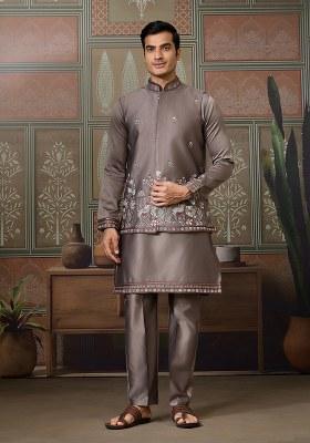 Gray Embroidered Silk Kurta Set For Men