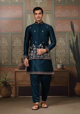 Teal Blue Embroidered Silk Kurta Set For Men
