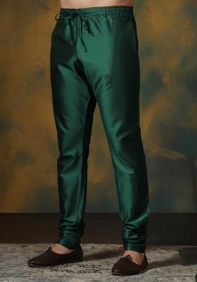 Green Solid Banarasi Silk Churidar For Men