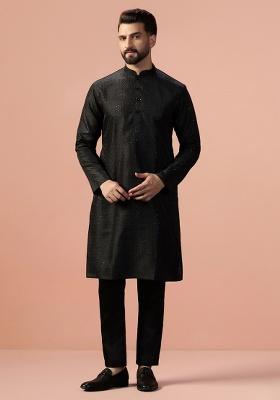 Black Embroidery Bangalorian Silk Kurta Pyjama Set For Men