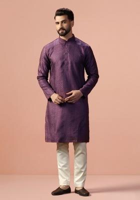 Purple Embroidery Bangalorian Silk Kurta Pyjama Set For Men