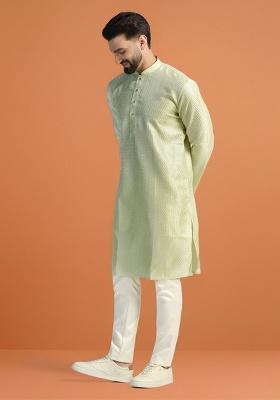 Green Embroidery Bangalorian Silk Kurta Pyjama Set For Men
